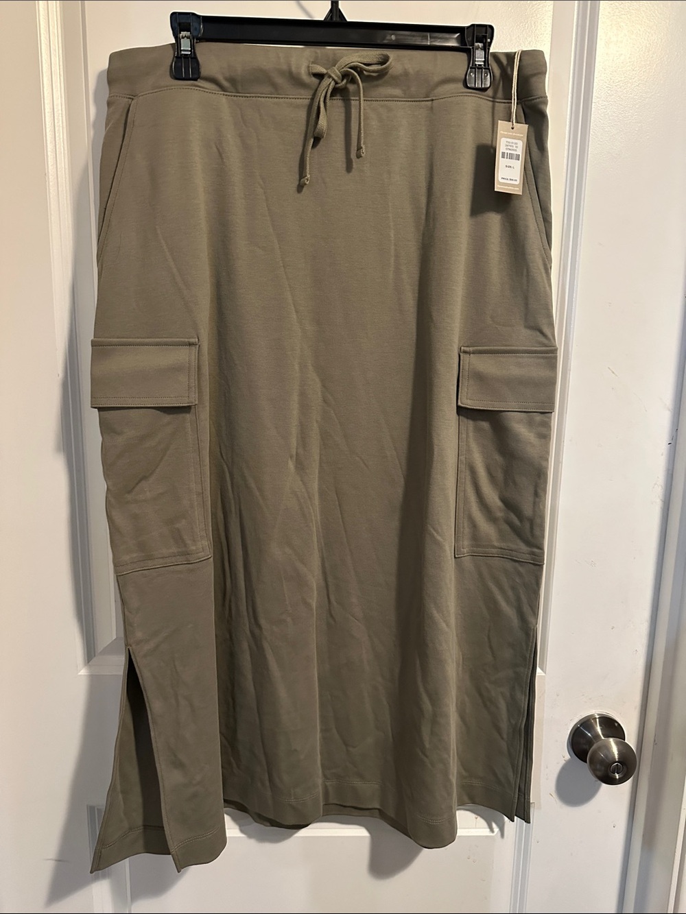 Olive Cargo A-Line Midi Skirt with Drawstring Waist